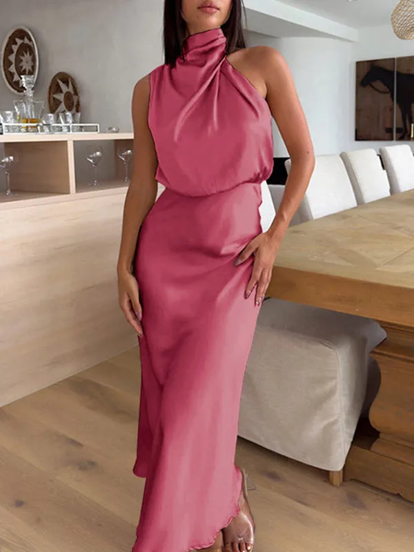 xakxx High Waisted Sleeveless Solid Color Halter-Neck Midi Dresses