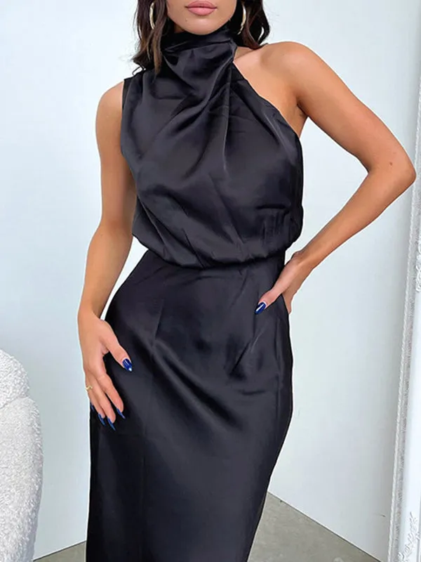 xakxx High Waisted Sleeveless Solid Color Halter-Neck Midi Dresses