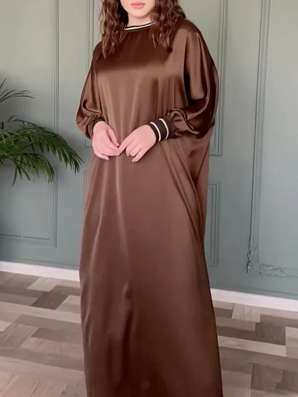 xakxx Loose Solid Color Buttoned Raglan Sleeve Round-Neck Maxi Dresses