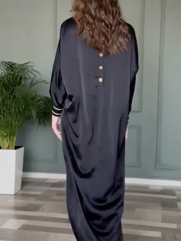xakxx Loose Solid Color Buttoned Raglan Sleeve Round-Neck Maxi Dresses