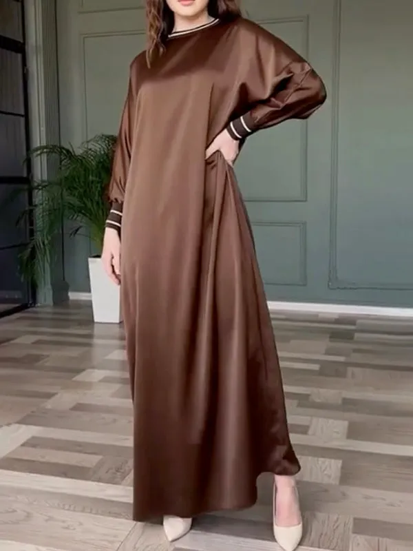 xakxx Loose Solid Color Buttoned Raglan Sleeve Round-Neck Maxi Dresses