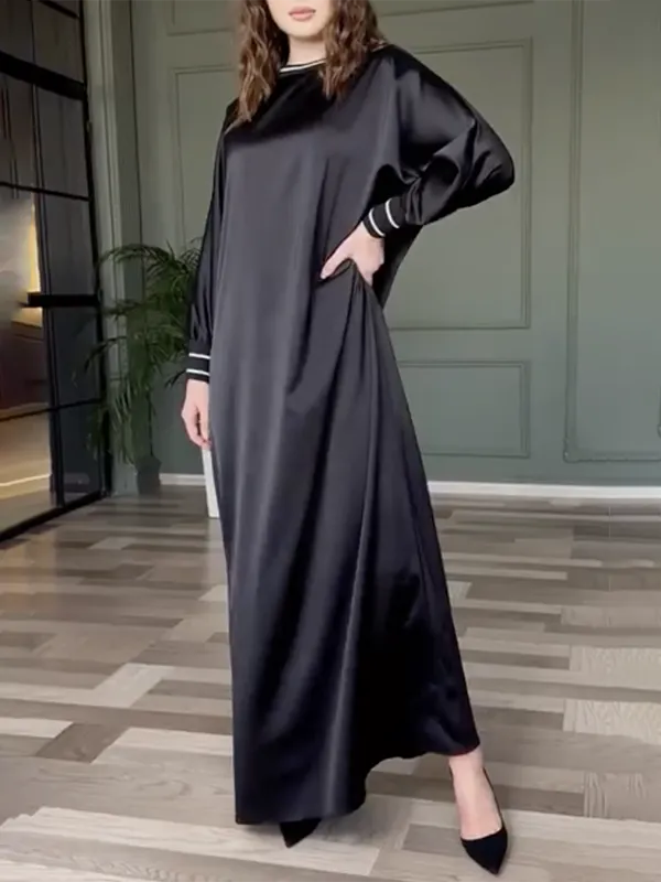 xakxx Loose Solid Color Buttoned Raglan Sleeve Round-Neck Maxi Dresses