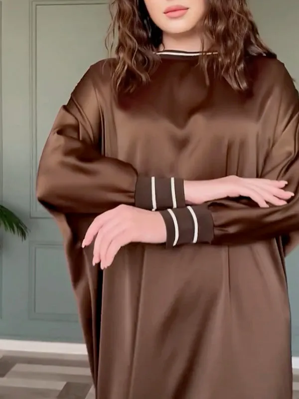 xakxx Loose Solid Color Buttoned Raglan Sleeve Round-Neck Maxi Dresses