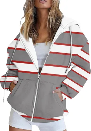 Zip Up Hoodies, Long Sleeve Oversized Full-zip Hoodie Sweatshirts Y2K Jacket Pockets Fall Fashion Clothes