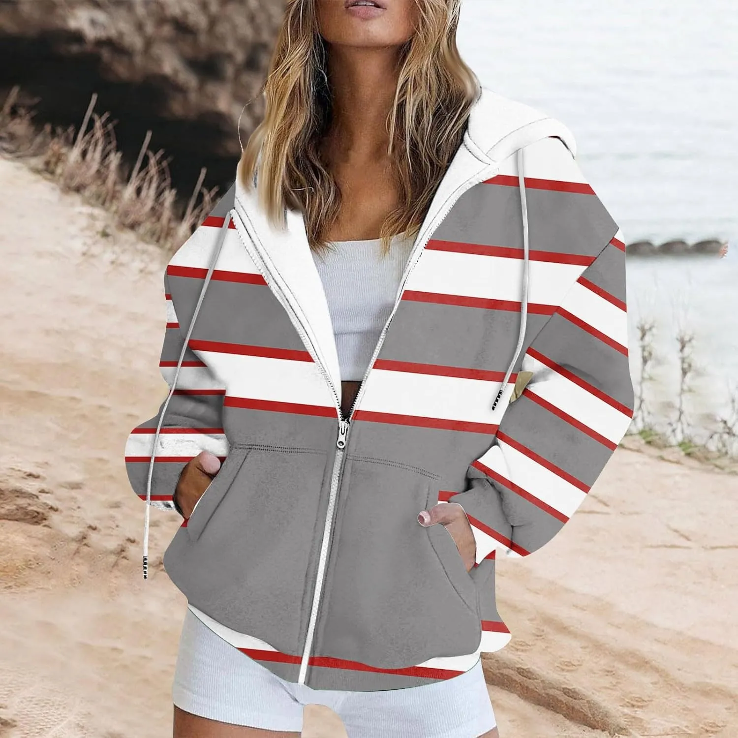 Zip Up Hoodies, Long Sleeve Oversized Full-zip Hoodie Sweatshirts Y2K Jacket Pockets Fall Fashion Clothes