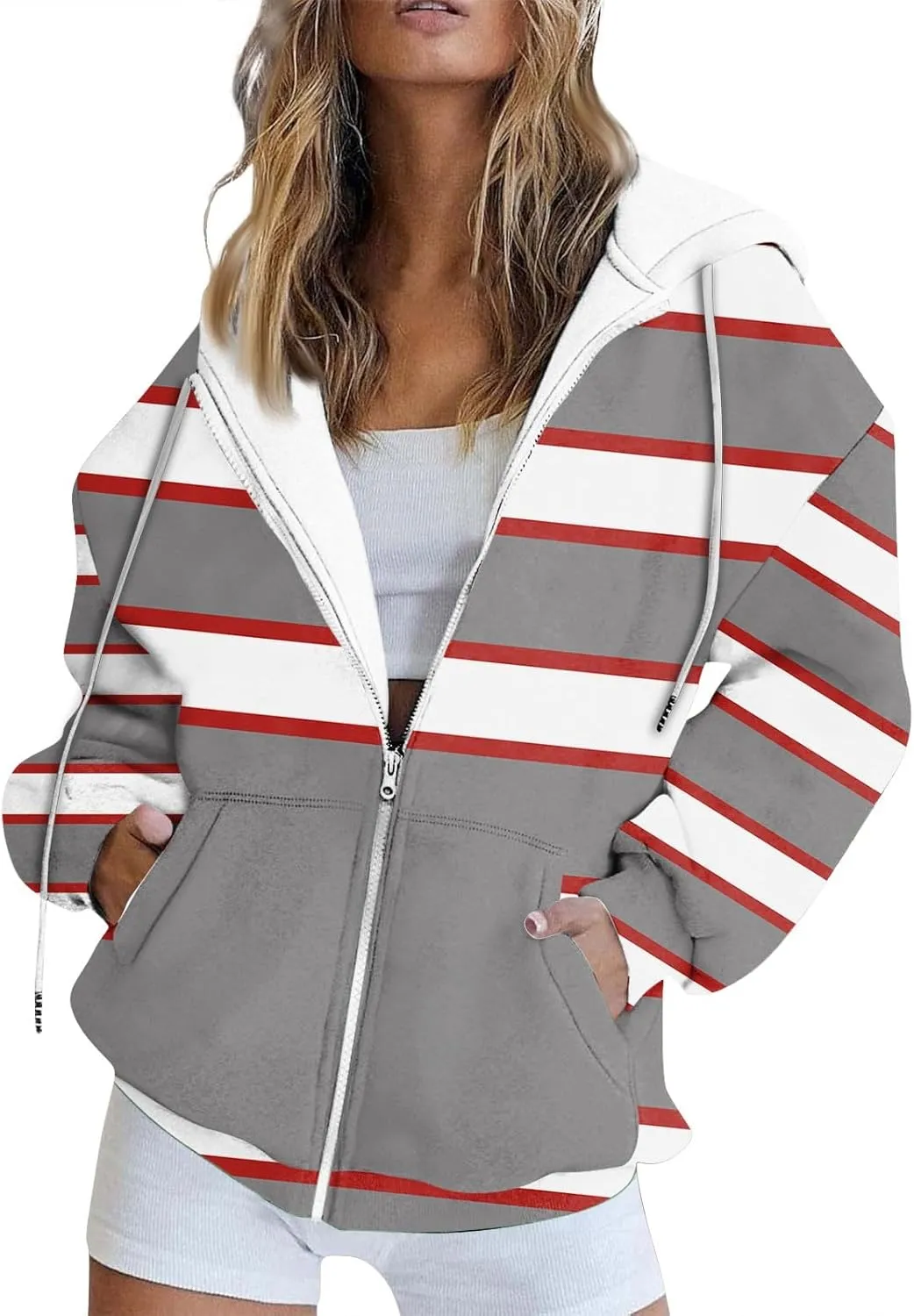 Zip Up Hoodies, Long Sleeve Oversized Full-zip Hoodie Sweatshirts Y2K Jacket Pockets Fall Fashion Clothes